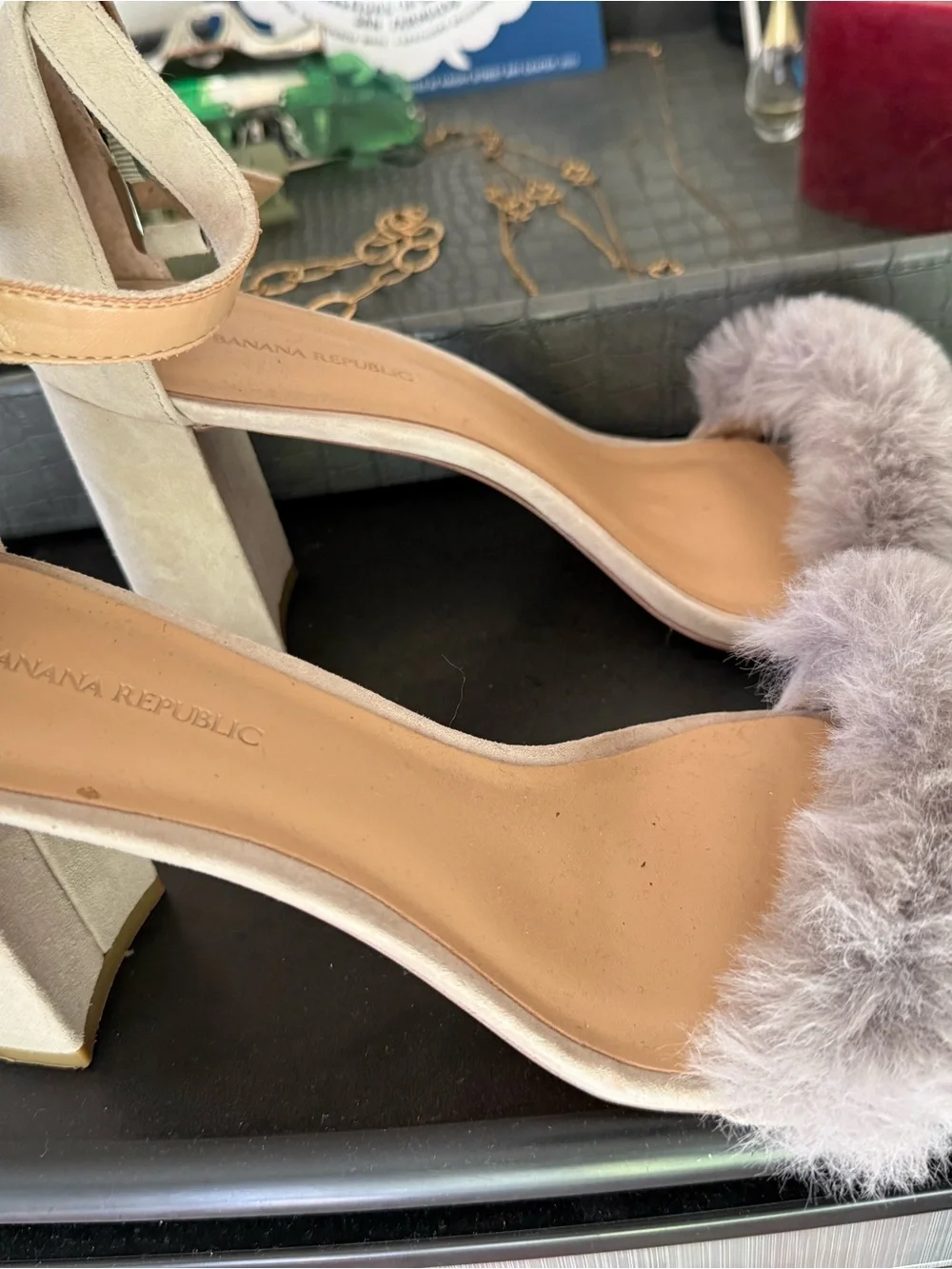 Banana Republic Taupe Suede Fur-Trim Block Heel Sandals
